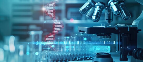 Wall Mural - investigation of microbiology and dna testing using digital technology in a laboratory for scientifi