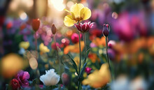 Multicolored Tulips Amongst Lush Spring Flowers. Spring Blossom Fields.