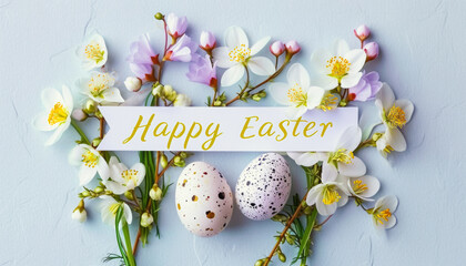 Wall Mural - Beautiful spring flowers, Easter eggs and card with Easter greeting text on light background.