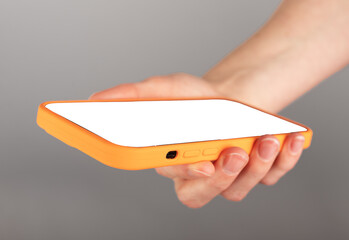 Poster - Hand holding mobile phone screen mock up, using smartphone display mockup, cellphone
