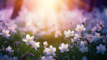 Abstract Natural Spring Background Light Rosy Dark Meadow Flowers Closeup With Sun Rays And Light.