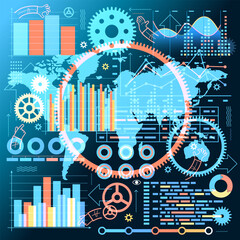 Poster - Business background. Template with graphs, diagrams, gears, hands and a world map.