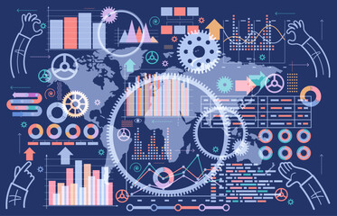 Poster - Business background. Template with graphs, diagrams, gears, hands and a world map.