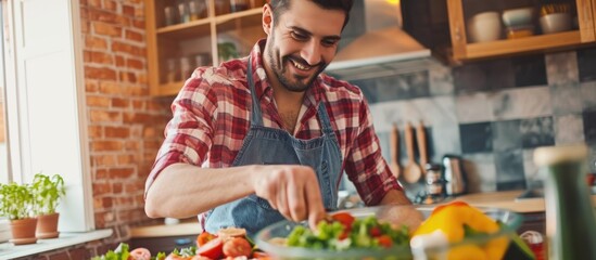 Attractive man joyfully makes delicious vegan salad at home.