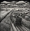 Black and white woodcut of an antique country landscape with stylized horses, fields and farmhouses under dramatic cloudy skies. From the series “North Dakota.”