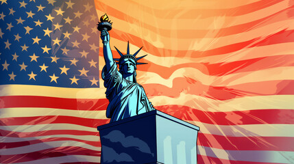 Wall Mural - statue of liberty and american flag