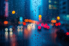 Close-up view of raindrops on a window pane, refracting the light from the streetlights behind them, bokeh, cars