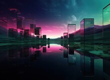 Surreal Exterior. Fantastic Landscape With Geometric Mirror Objects. Modern Fantasy Illustrations Of Unreal Nature.