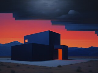 Semi-abstract minimalist painting of a blocky modern building set against a mountain background at sunset. From the series “Abstract Architecture.