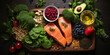 Food flexitarian diet health dinner Assortment of healthy food with raw salmon steaks Low-carb Kato goodness, healthy eating with protein and healthy fats Principles and rules of a healthy lifestyle.