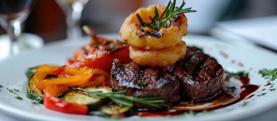 Grilled vegetables and onion rings accompany mutton chops on a white plate.