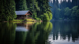 Fototapeta  - Beautiful tranquil water side landscape with boat and small cabin