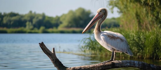 Canvas Print - Conservation of biodiversity in Danube delta with beautiful pelican on branch near tranquil water.