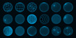 © SpicyTruffel - Abstract shapes. 3D line grid design spheres with dot particles. Technology globe figure elements. Neon blue. Concentric circles. Geometric icon. Latitude stripe. Vector round forms set