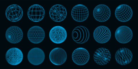 Poster - Abstract shapes. 3D line grid design spheres with dot particles. Technology globe figure elements. Neon blue. Concentric circles. Geometric icon. Latitude stripe. Vector round forms set
