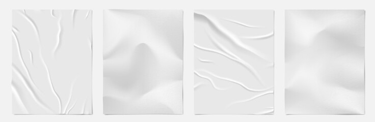 Poster - Paper poster. Wrinkle mockup effect, wet old plastic glued wall, old white grunge texture, glue with crease, blank sheet. Blank document template. Vector transparent background