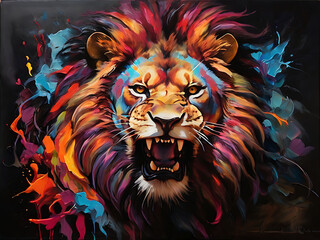  painting of an aggressive and muscular lion with vibrant colors on a dark canvas