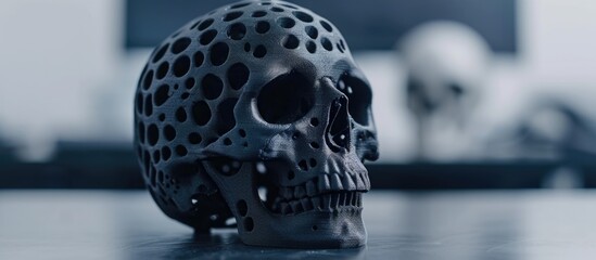 Poster - Progressive modern additive technology of automatic printing a close-up black skull model: the 4th industrial revolution.