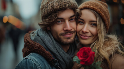 Wall Mural - In love couple kissing in snow at city street. Handsome man and beautiful young woman with red roses, outdoors portrait. Happy Valentine's day.