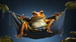 A funny frog is lying comfortably in a hammock on dark-blue background