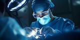 Fototapeta  - Surgeon performing microsurgery in blue uniform in OR with lighting effect, Eye surgery, Brain surgery or cosmetic surgery using medical technology. 
