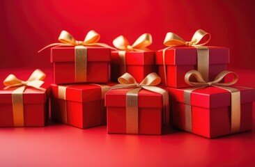 red gift boxes with a gold ribbon stand on a red background