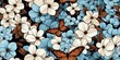 Monarch Butterflies Amidst Blue and White Flowers Pattern