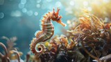 Fototapeta  - Beautiful seahorse in the ocean, underwater plants, marine wild nature beautiful seahorse underwater scene.