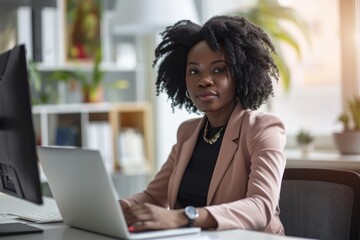 Poster - Black businesswoman sitting at her desk working on a laptop computer, modern office