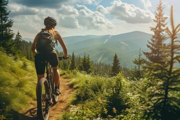 Mountain biking woman riding on bike in summer mountains forest landscape.