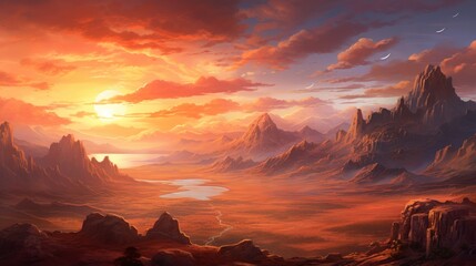 Wall Mural - Beautiful panoramic Mountain landscape at sunset sky. Generate AI image