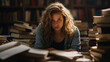 © KJ Photo studio - Tired student girl sits with pile of books, feeling overwhelmed by her workload
