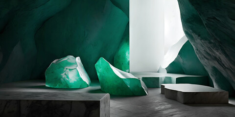 Poster - 3D Stone podium Square shape and Green Stone for display product.cave composition Natural Background for cosmetic product branding, light, Banner, Website, Promotion, identity, packaging, 3d rendering