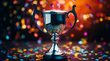 Gay Pride Cup Or Winner Trophy In Golden And Silver Shiny Chrome With Celebration Rainbow Gay Confetti And Rainbow Gay Ribbon Decoration, Gay Month Background