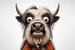 Funny Portrait of surprised Yak with bulging big eyes on solid white background. ai generative