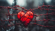 Red heart symbol wrapped in barbed wire fence. Valentines day and love concept, Background, Template 