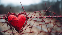 Red Heart Symbol Wrapped In Barbed Wire Fence. Valentines Day And Love Concept, Background, Template 