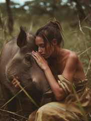 Wall Mural - A Photo of a Woman Playing with a Warthog in Nature