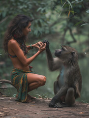 Wall Mural - A Photo of a Woman Playing with a Baboon in Nature