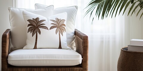 Wall Mural - Coastal living room statement chair in brown and white, with white linen palm tree cushion, inspired by White House interior design.