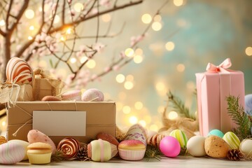 Sticker - A studio background for product package mockup and food with blank label, Easter festival, Christmas, Light Effect background 