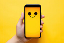 Smiling emoji displayed on a smartphone screen held by hand.