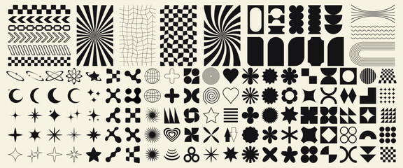 big vector set of y2k design elements. trendy abstract minimalist figures, stars, flowers, circles. 