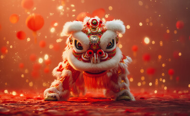 Wall Mural - Chinese lion dancing character Generative Ai