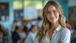 © armensl - a photo portrait of a beautiful young female american school teacher standing in the classroom, students sitting and walking in the break, blurry background behind, Generative AI.