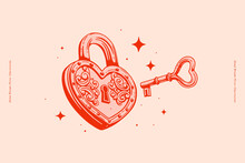 Red Forged Lock In The Shape Of A Heart And A Key To It. A Symbol Of Strong Love And Marriage. Wedding Attribute On A Light Background. A Sign Of Romantic Feelings. Valentine's Day.