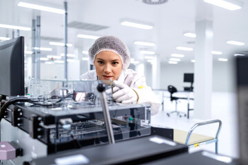 Female expert or technologist working in car assembly industry producing electronics parts.