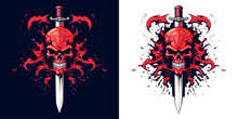 Red Skull Illustration, Artwork And T-shirt Design, White Sword Ornament