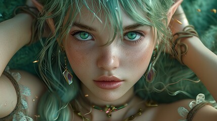 Canvas Print - fantasy photography, An elf lady model with ponytail hair, bangs, oval-face. close up portrait.