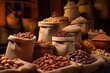 various nuts sorted in rustic brown sacks